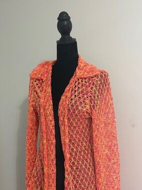 Open-Knit Long Swimsuit Coverup in Neon Orange-Pink